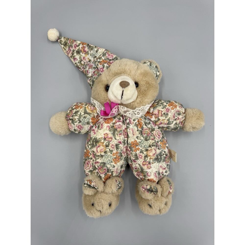 Ben Rickert Inc Teddy Bear Plush Bunny Slippers Floral Pjs Plush 11” Stuffed Toy